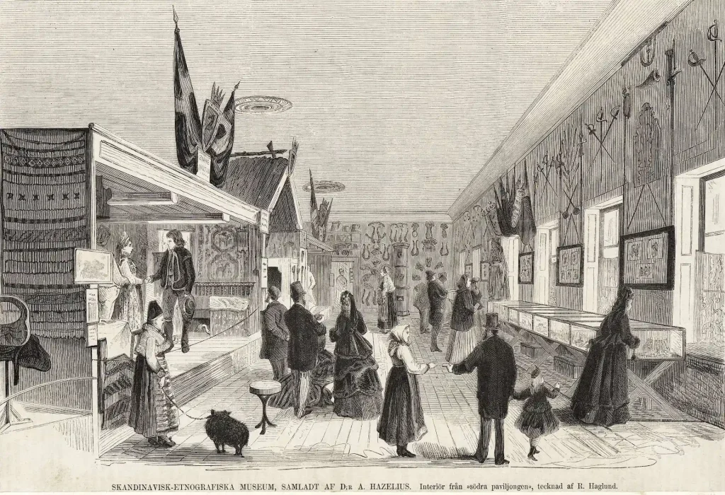 A drawing of the first exhibition featuring constructed rooms with dolls. Visitors in 19th-century clothing are visible, along with a 'dalkulla' in traditional costume with a Lapphund on a leash.