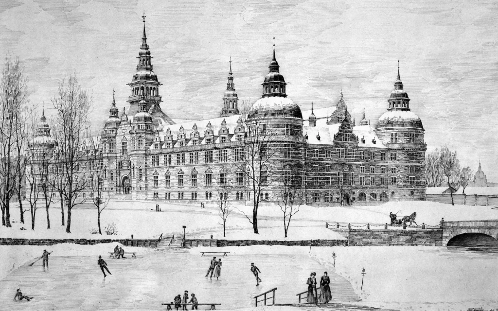 Teckning av ett slott med fyra längor, torn och spiror i ett vinterlandskap.