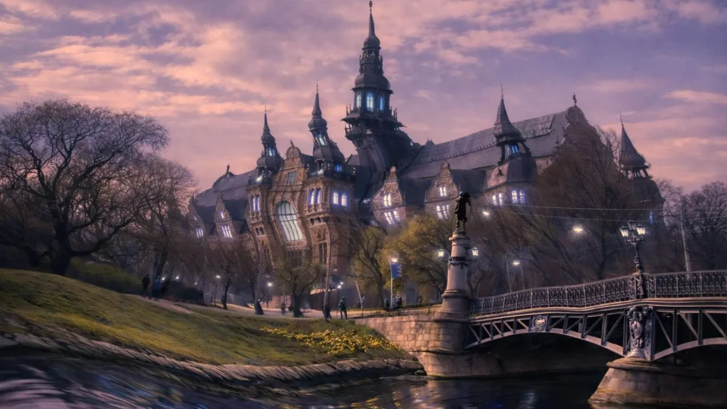 En AI-skapad drömlik bild på Nordiska museets byggnad.