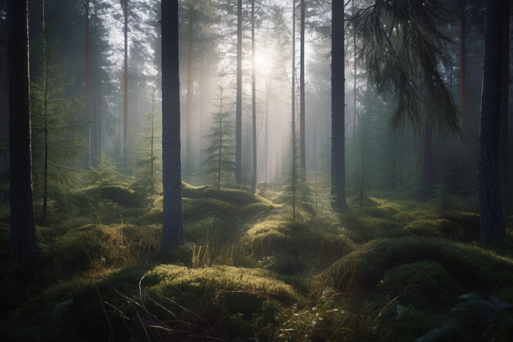 En nordisk granskog med mossklädda stenar i trolskt dagsljus, solen strålar ner mellan stammarna.