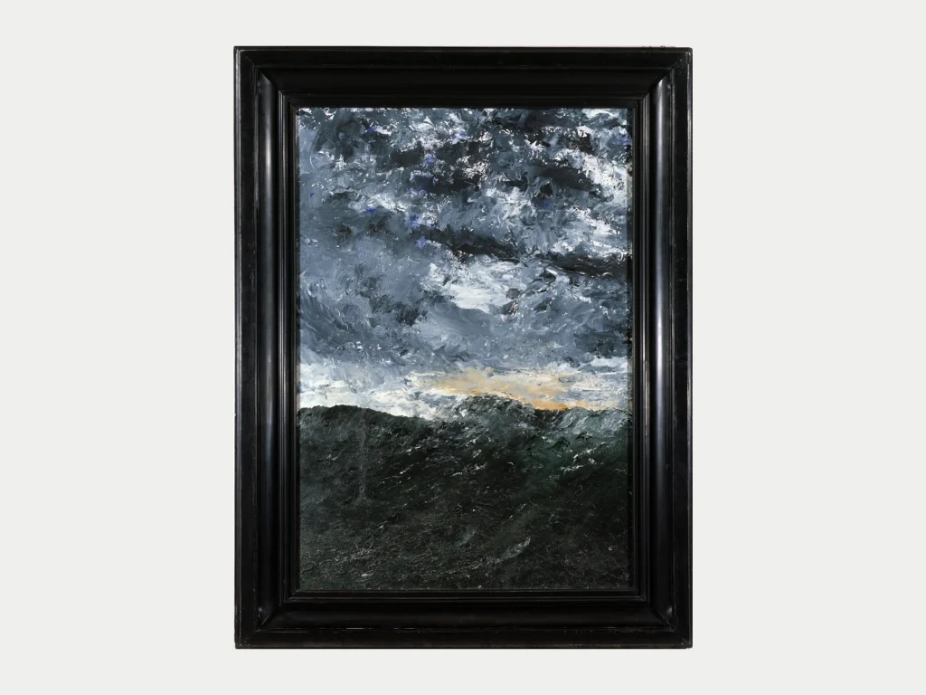 En målning i olja av en våg på ett stormigt hav.