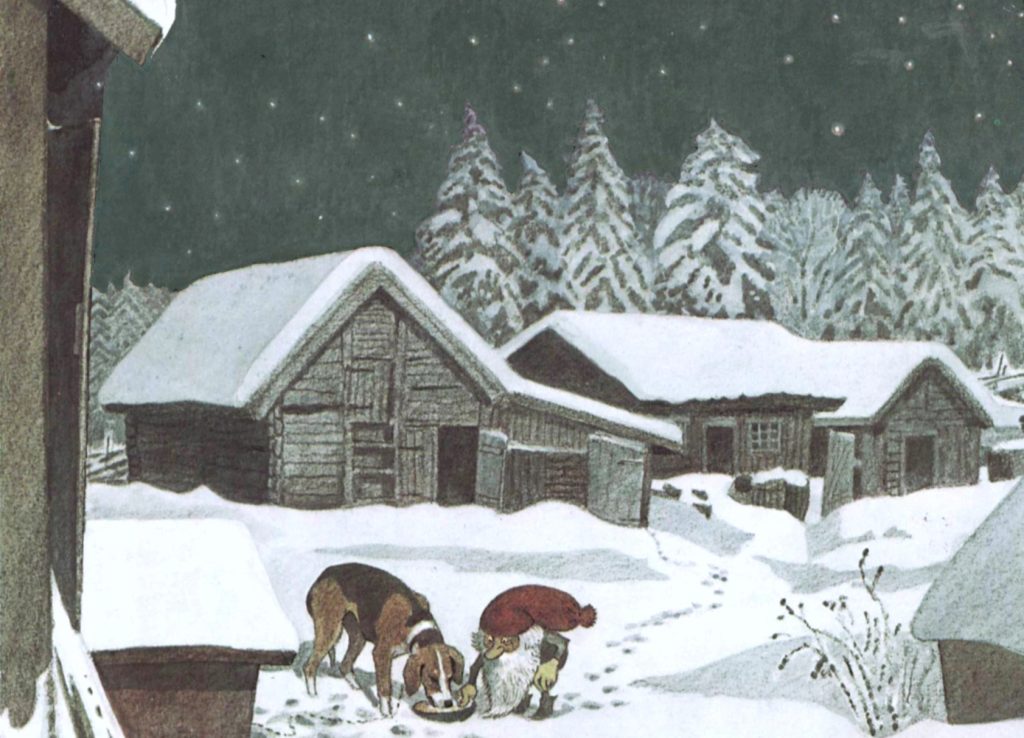Illustration av en tomte och en hund i ett mörkt vinterlandskap med snöklädda stugor och granar.
