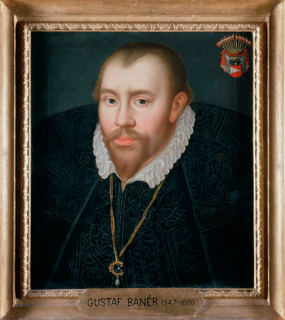 En målning i guldram av en man med skägg, mustasch och vit veckad krage på mörk klädnad, om halsen bär han ett smycke i guldkedja, på ramen står GUSTAF BANÉR 1547–1600.