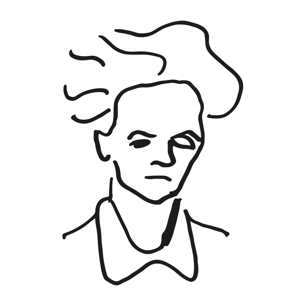 Ett tecknat porträtt av Strindberg med svart penna.