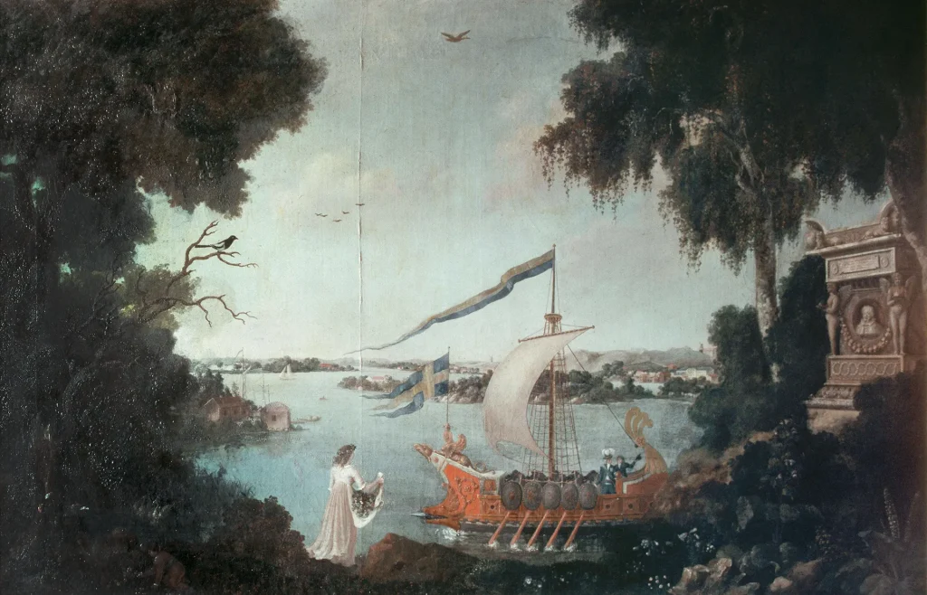 En målning av Årstaviken sent 18700-tal med träd i förgrunden och en vitklädd kvinna vid strandkanten, på vattnet en båt med hissat segel, vimpel och tretungad svensk flagga.