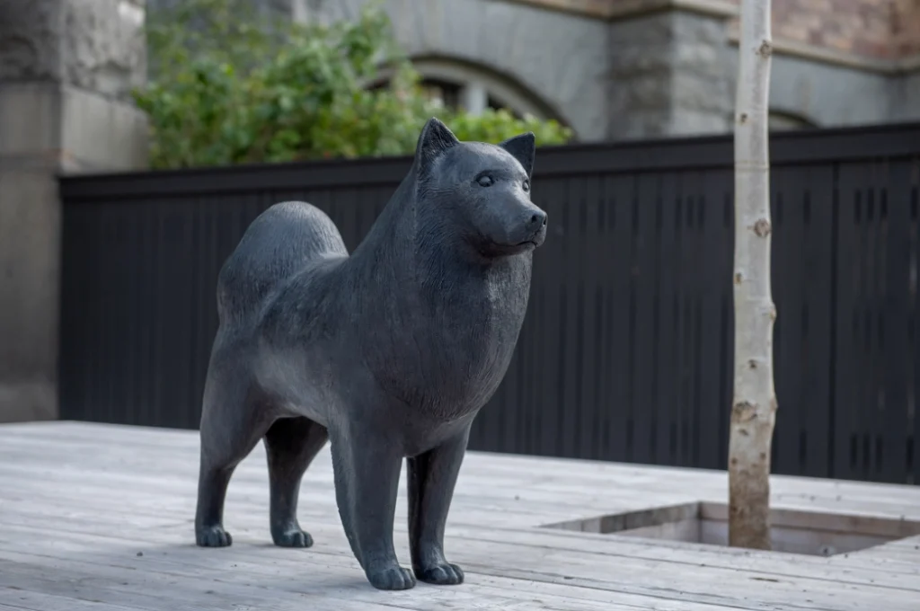 En gråsvart hundskulptur som står på ett trägolv utomhus. Bakom syns en byggnads exteriör och ett svart staket samt den undre delen av ett träd.