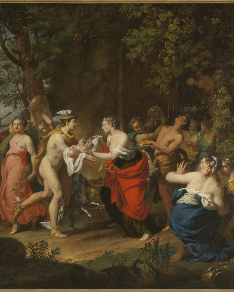 Oljemålning av Carl Marcus Tuscher, "Merkurius överlämnar Bacchusbarnet till nymferna på berget Nysa".