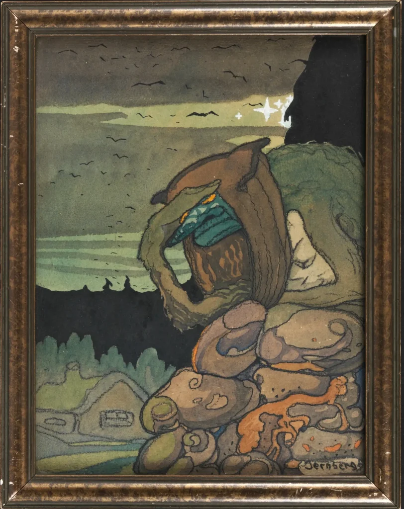En tavla med ett troll som spejar ut över skogen från ett berg