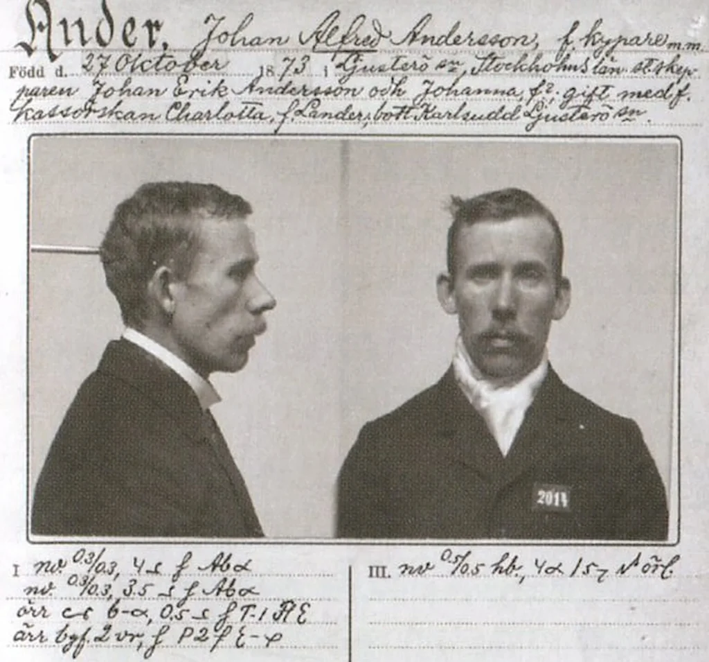 Ett signalementsporträtt med bild på Alfred Anders framifrån och i profil med handskriven text med namn, adress, maka osv.