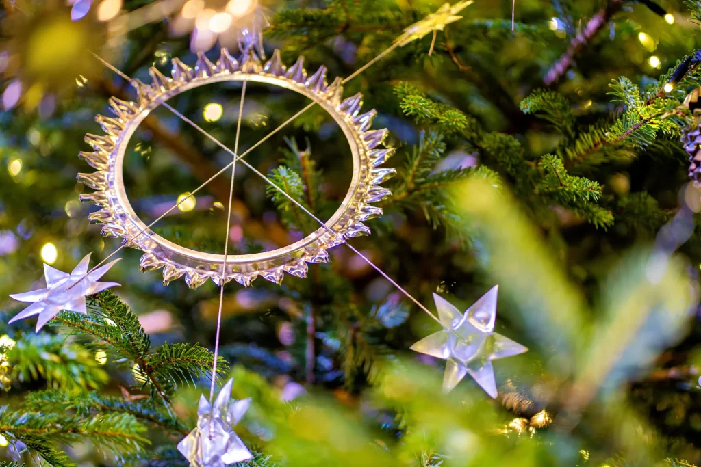 Närbild av julpynt på julgransgrenar som ser ut som ett stjärntecken