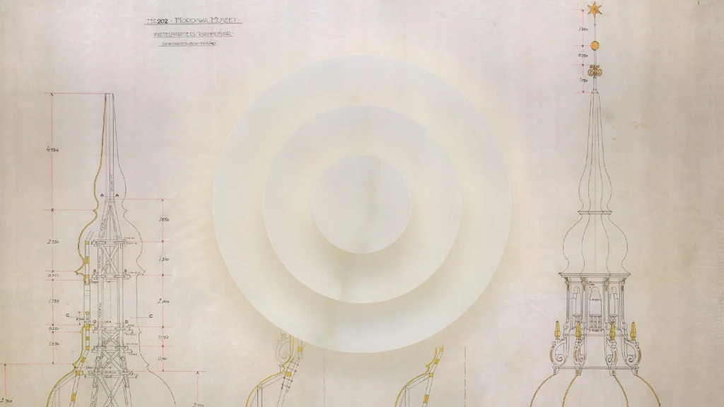 Ritning över Nordiska museets torn i kombination med grafiska element.